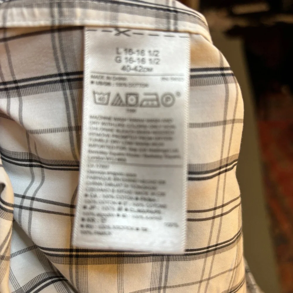 Banana Republic Mens Grant Fit Non-Iron Dress Shirt White Plaid Large 16-16.5